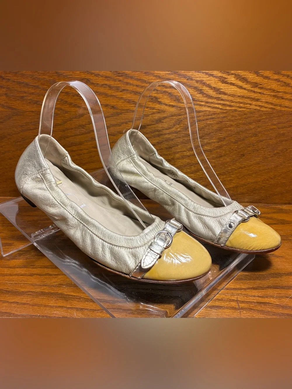 AGL Italy Made Metallic Gold Leather Patent Cap Toe Ballet Flats EU 36.5 US 6.5